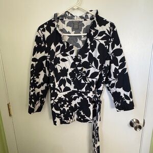 Ann Taylor Navy and White Wrap Blouse with Ruffle Collar - Size 14